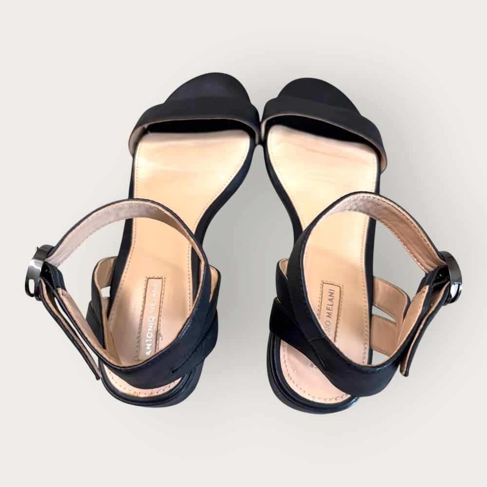 Antonio Melani Black Leather Ankle Strap Dress Sandals Womens 9.5 Low Block Heel - Picture 4 of 10